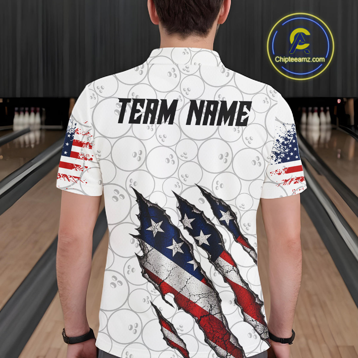 Custom White Grunge American Flag Bowling Shirt For Men, Patriotic Bowling League Team Jersey TDM7796