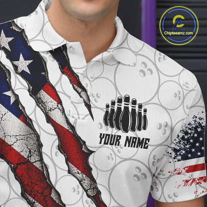 Custom White Grunge American Flag Bowling Shirt For Men, Patriotic Bowling League Team Jersey TDM7796