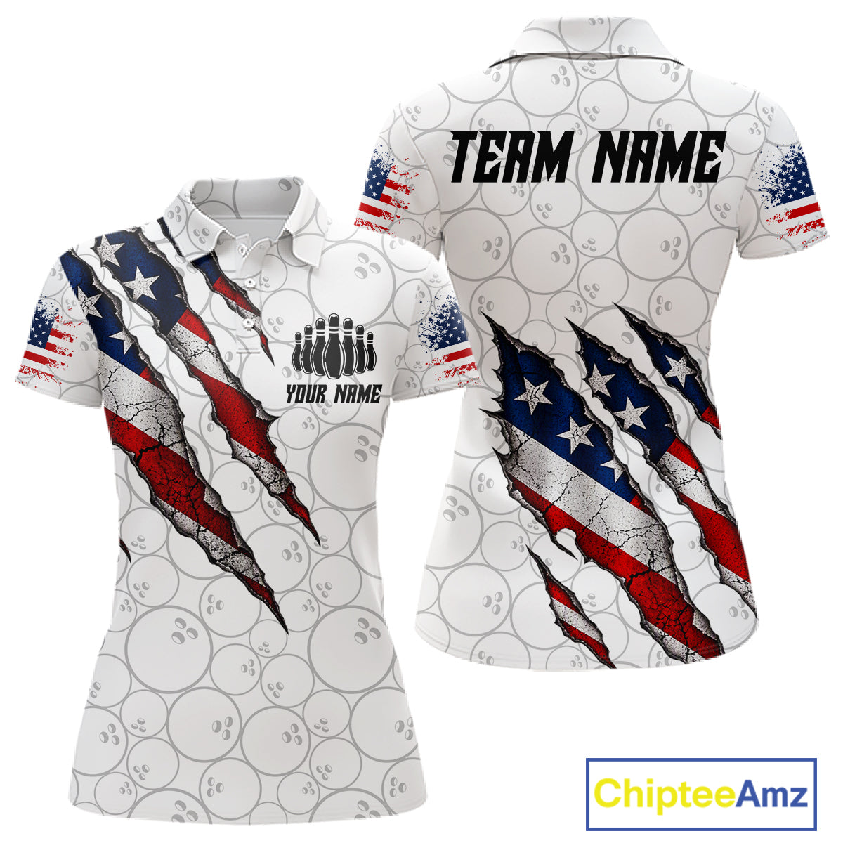 Custom White Grunge American Flag Bowling Shirt For Women, Patriotic Bowling League Team Jersey TDM7796