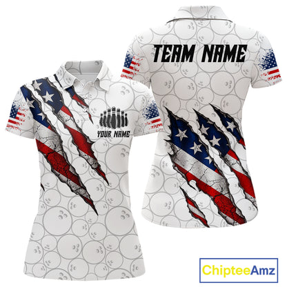 Custom White Grunge American Flag Bowling Shirt For Women, Patriotic Bowling League Team Jersey TDM7796