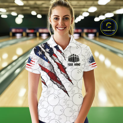 Custom White Grunge American Flag Bowling Shirt For Women, Patriotic Bowling League Team Jersey TDM7796