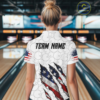 Custom White Grunge American Flag Bowling Shirt For Women, Patriotic Bowling League Team Jersey TDM7796
