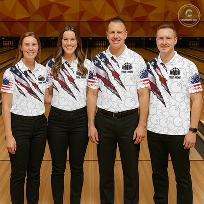 Custom White Grunge American Flag Bowling Shirt For Women, Patriotic Bowling League Team Jersey TDM7796