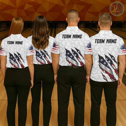 Custom White Grunge American Flag Bowling Shirt For Women, Patriotic Bowling League Team Jersey TDM7796