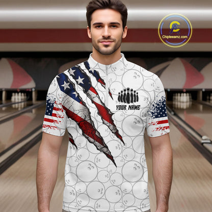 Custom White Grunge American Flag Bowling Shirt For Men, Patriotic Bowling League Team Jersey TDM7796