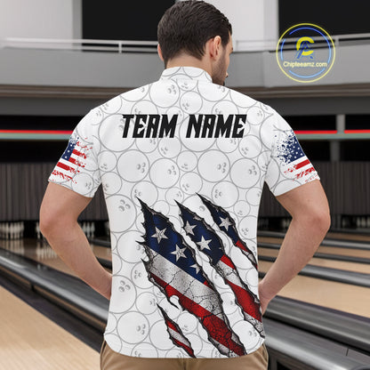 Custom White Grunge American Flag Bowling Shirt For Men, Patriotic Bowling League Team Jersey TDM7796