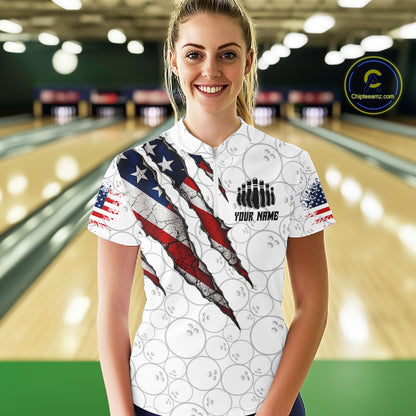Custom White Grunge American Flag Bowling Shirt For Women, Patriotic Bowling League Team Jersey TDM7796
