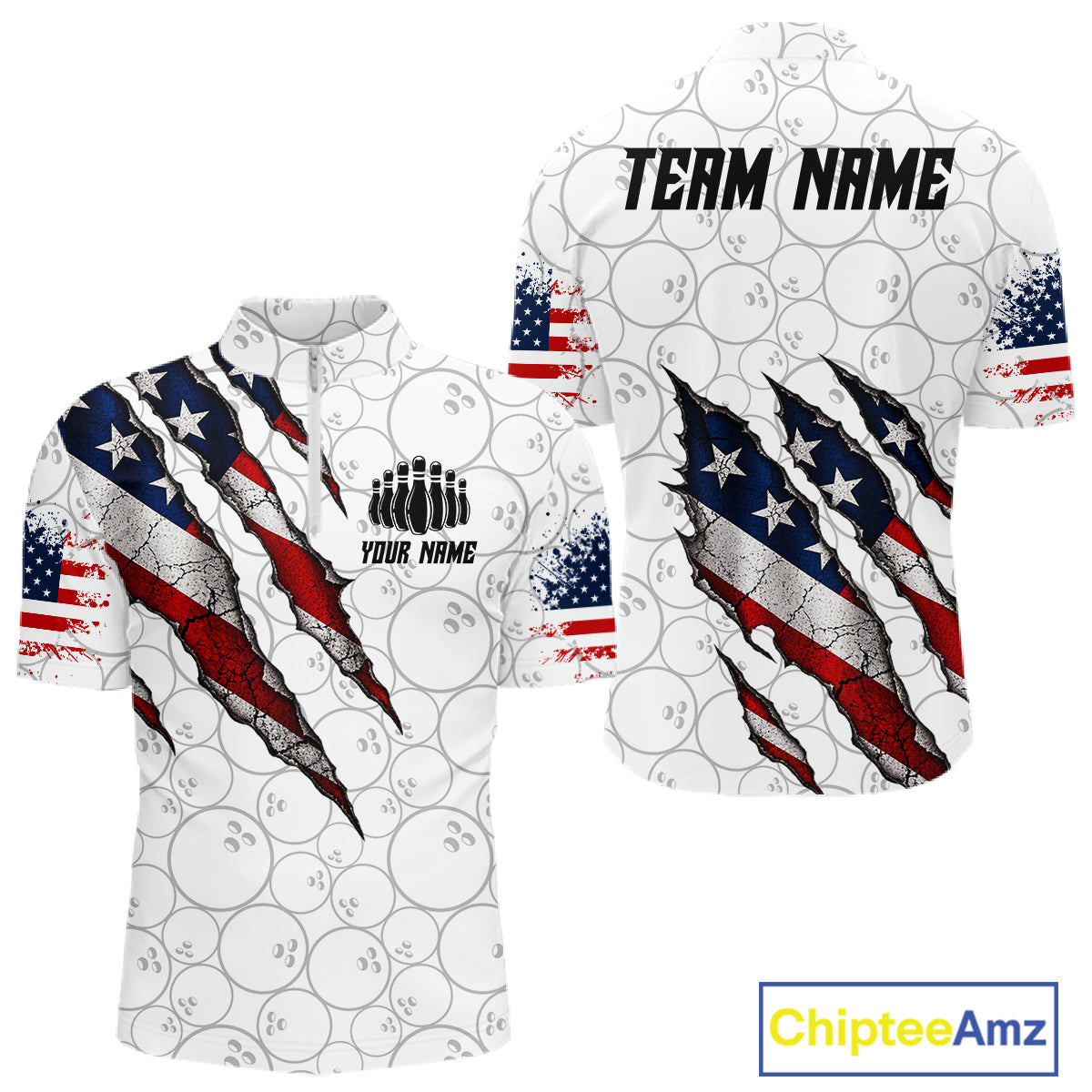 Custom White Grunge American Flag Bowling Shirt For Men, Patriotic Bowling League Team Jersey TDM7796