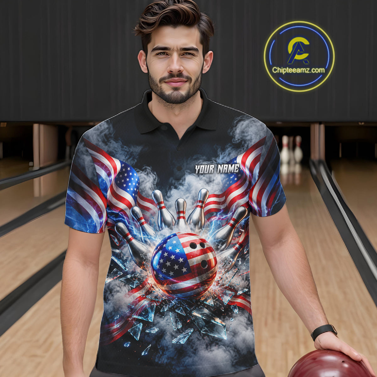 Custom Shattered Glass American Flag Smoke Bowling Shirts For Men, Patriotic Bowling Team Jersey TDM7800