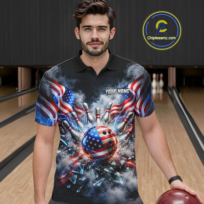Custom Shattered Glass American Flag Smoke Bowling Shirts For Men, Patriotic Bowling Team Jersey TDM7800
