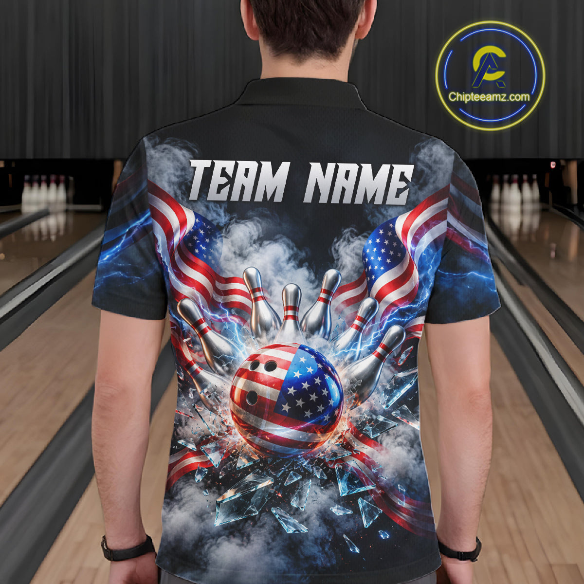 Custom Shattered Glass American Flag Smoke Bowling Shirts For Men, Patriotic Bowling Team Jersey TDM7800