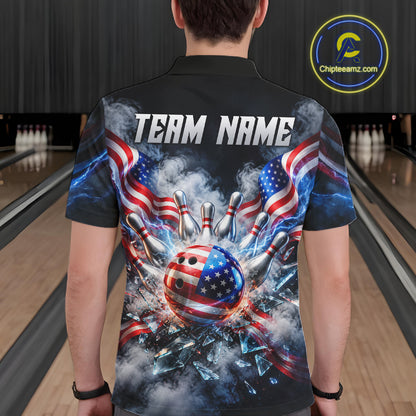 Custom Shattered Glass American Flag Smoke Bowling Shirts For Men, Patriotic Bowling Team Jersey TDM7800