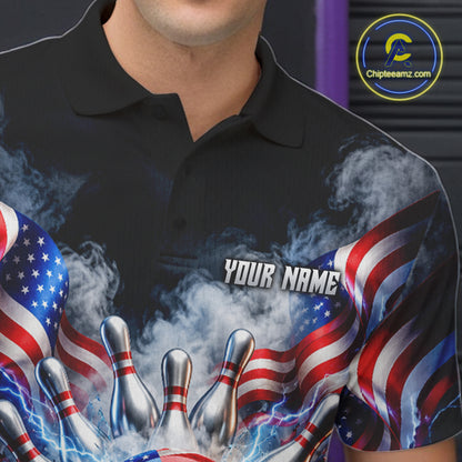 Custom Shattered Glass American Flag Smoke Bowling Shirts For Men, Patriotic Bowling Team Jersey TDM7800