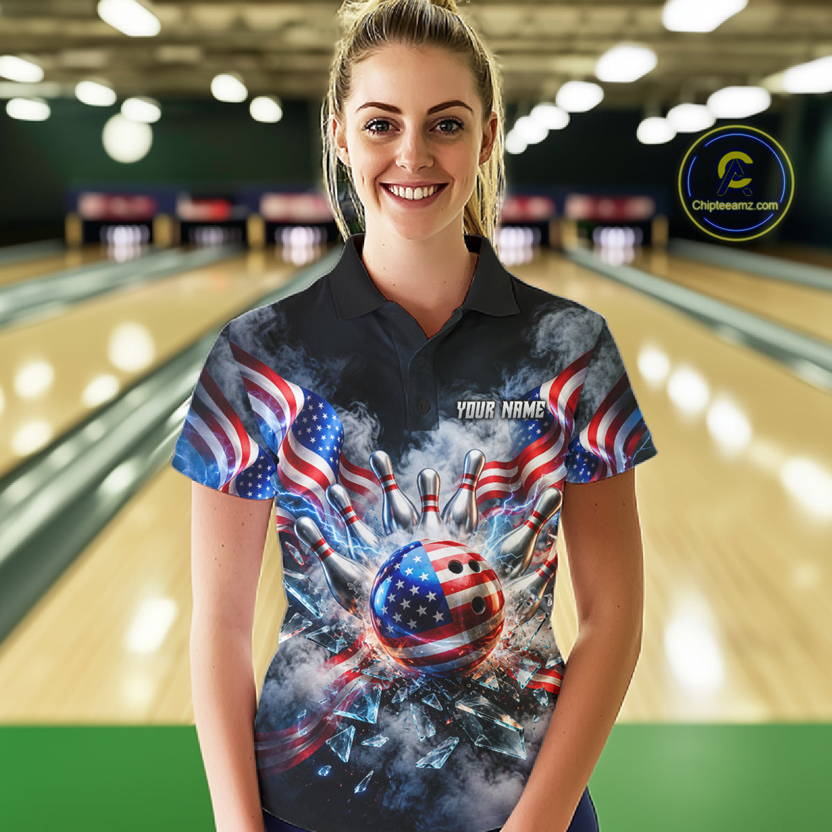 Custom Shattered Glass American Flag Smoke Bowling Shirts For Women, Patriotic Bowling Team Jersey TDM7800