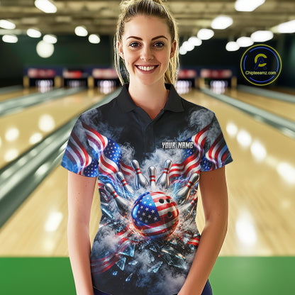 Custom Shattered Glass American Flag Smoke Bowling Shirts For Women, Patriotic Bowling Team Jersey TDM7800
