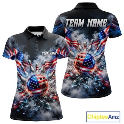 Custom Shattered Glass American Flag Smoke Bowling Shirts For Women, Patriotic Bowling Team Jersey TDM7800