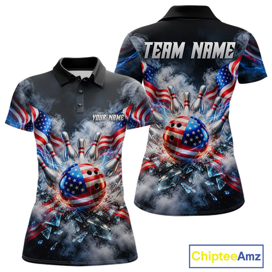 Custom Shattered Glass American Flag Smoke Bowling Shirts For Women, Patriotic Bowling Team Jersey TDM7800