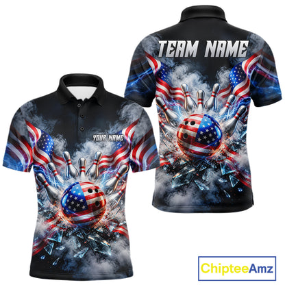 Custom Shattered Glass American Flag Smoke Bowling Shirts For Men, Patriotic Bowling Team Jersey TDM7800