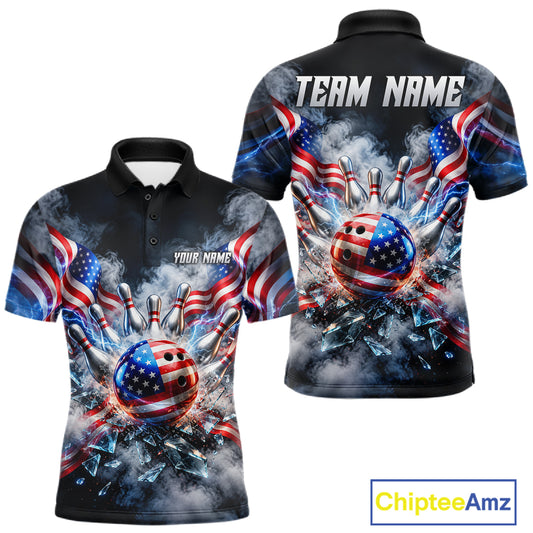 Custom Shattered Glass American Flag Smoke Bowling Shirts For Men, Patriotic Bowling Team Jersey TDM7800