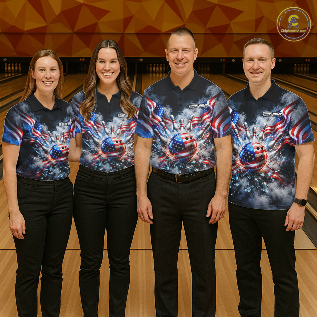 Custom Shattered Glass American Flag Smoke Bowling Shirts For Men, Patriotic Bowling Team Jersey TDM7800