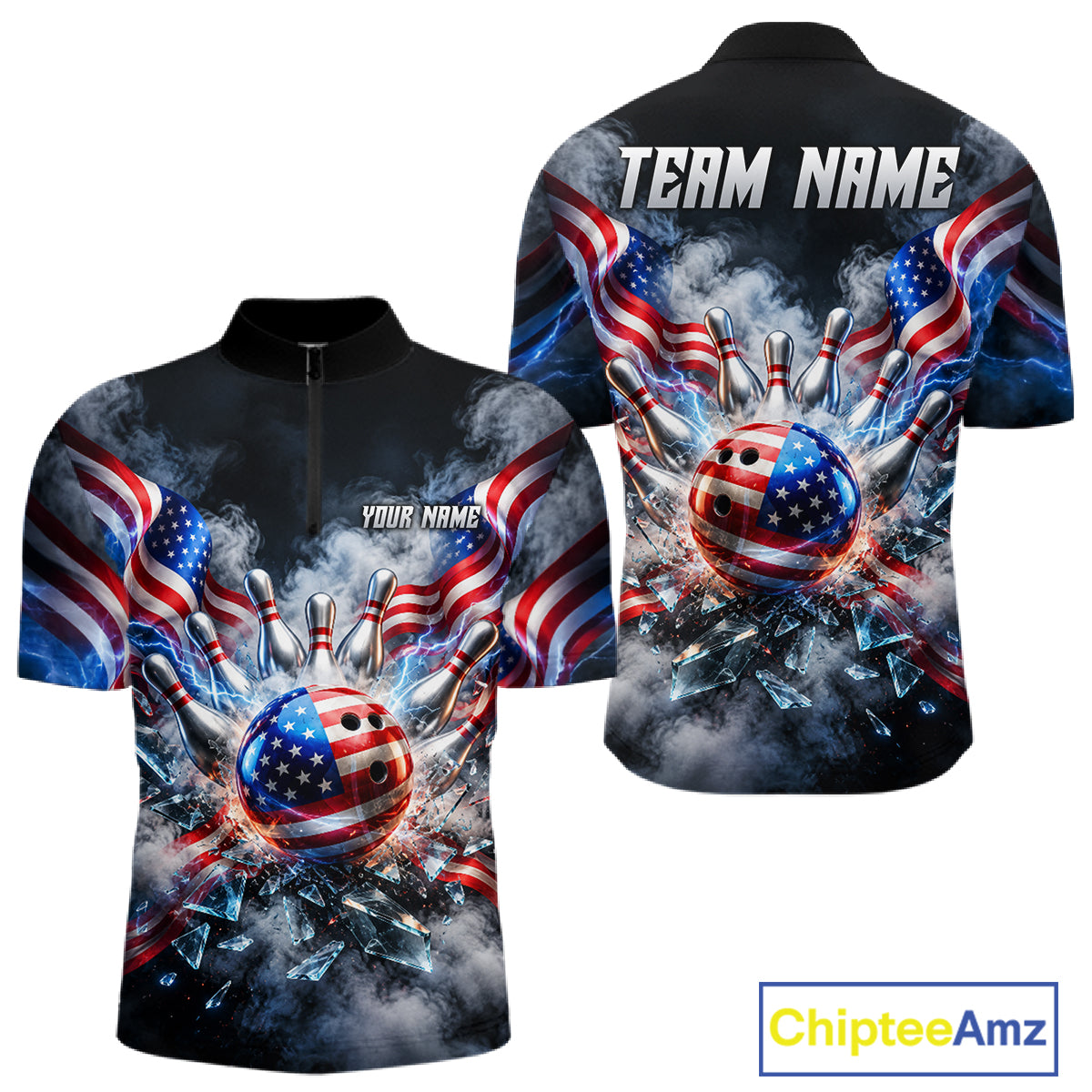 Custom Shattered Glass American Flag Smoke Bowling Shirts For Men, Patriotic Bowling Team Jersey TDM7800