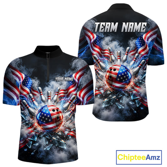 Custom Shattered Glass American Flag Smoke Bowling Shirts For Men, Patriotic Bowling Team Jersey TDM7800