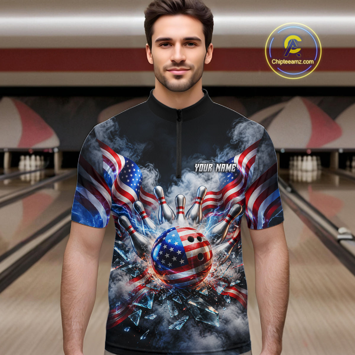 Custom Shattered Glass American Flag Smoke Bowling Shirts For Men, Patriotic Bowling Team Jersey TDM7800