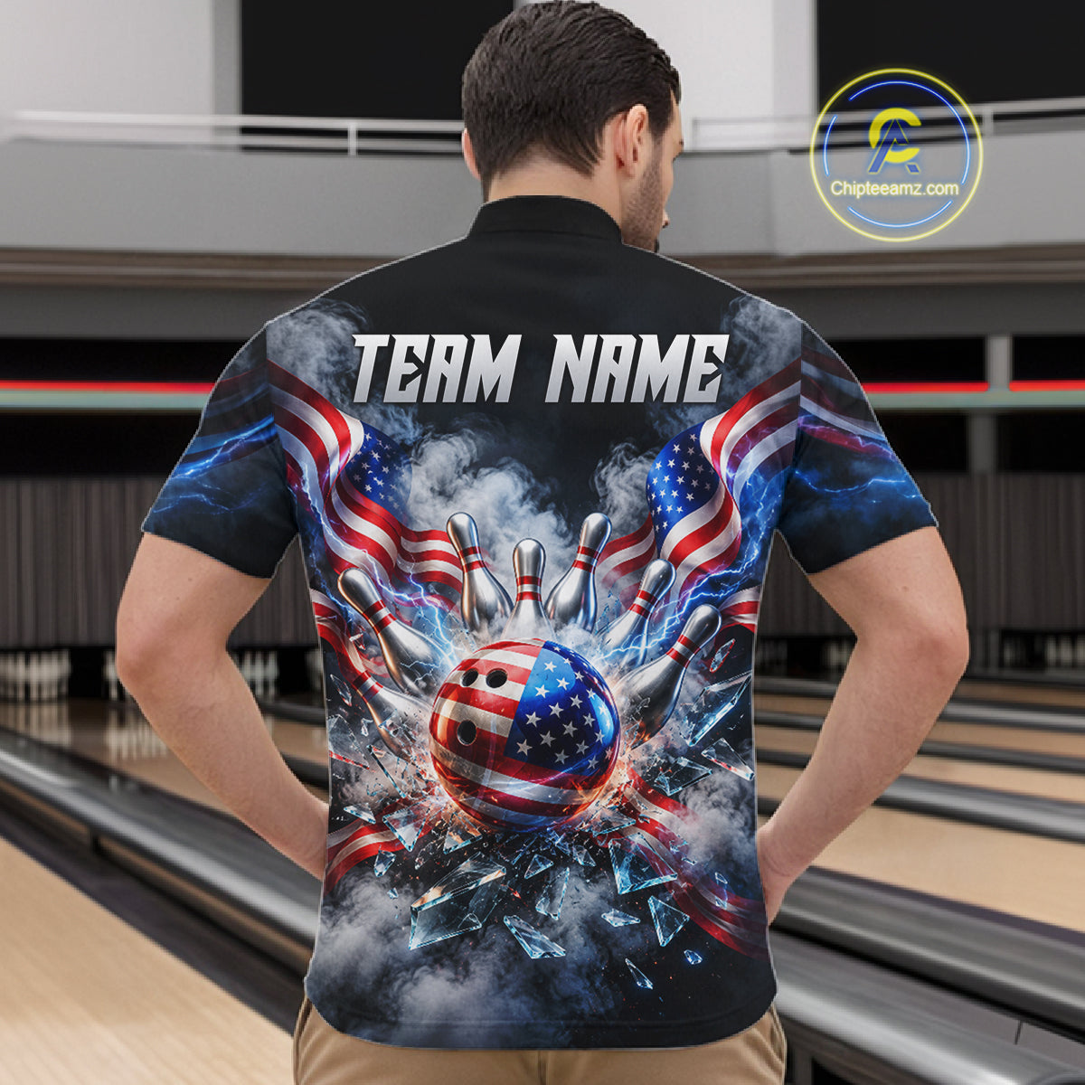 Custom Shattered Glass American Flag Smoke Bowling Shirts For Men, Patriotic Bowling Team Jersey TDM7800