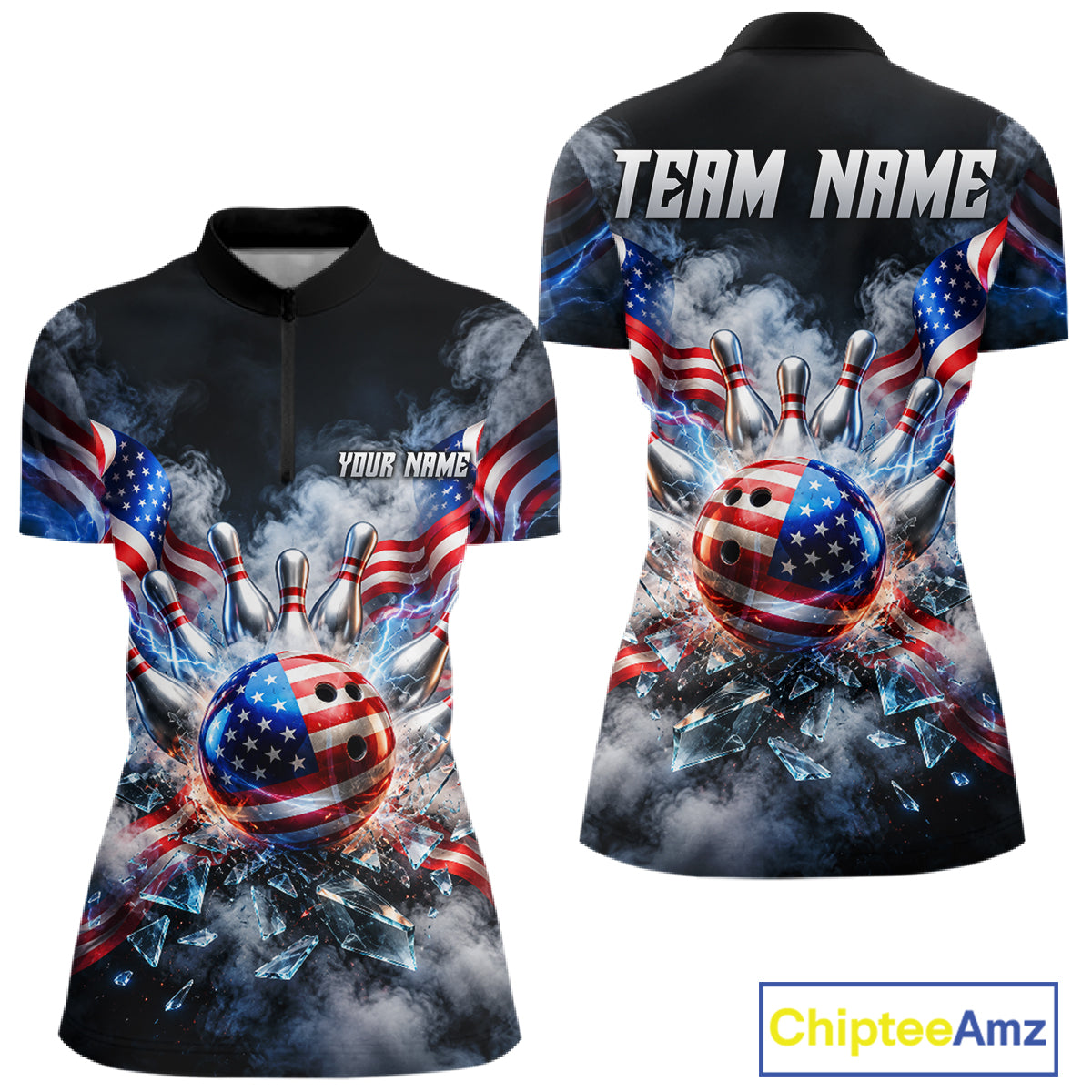 Custom Shattered Glass American Flag Smoke Bowling Shirts For Women, Patriotic Bowling Team Jersey TDM7800