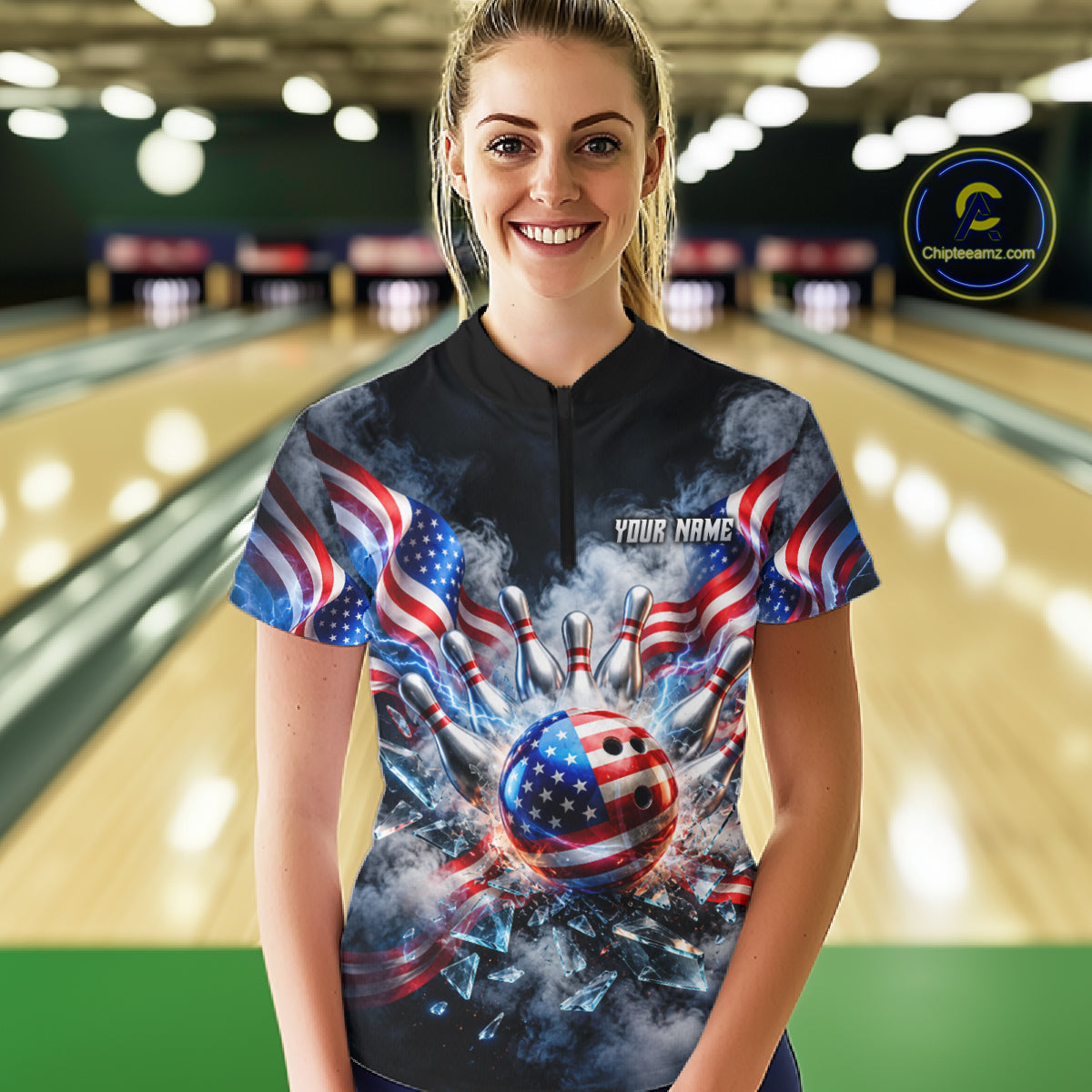 Custom Shattered Glass American Flag Smoke Bowling Shirts For Women, Patriotic Bowling Team Jersey TDM7800