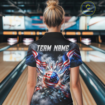 Custom Shattered Glass American Flag Smoke Bowling Shirts For Women, Patriotic Bowling Team Jersey TDM7800