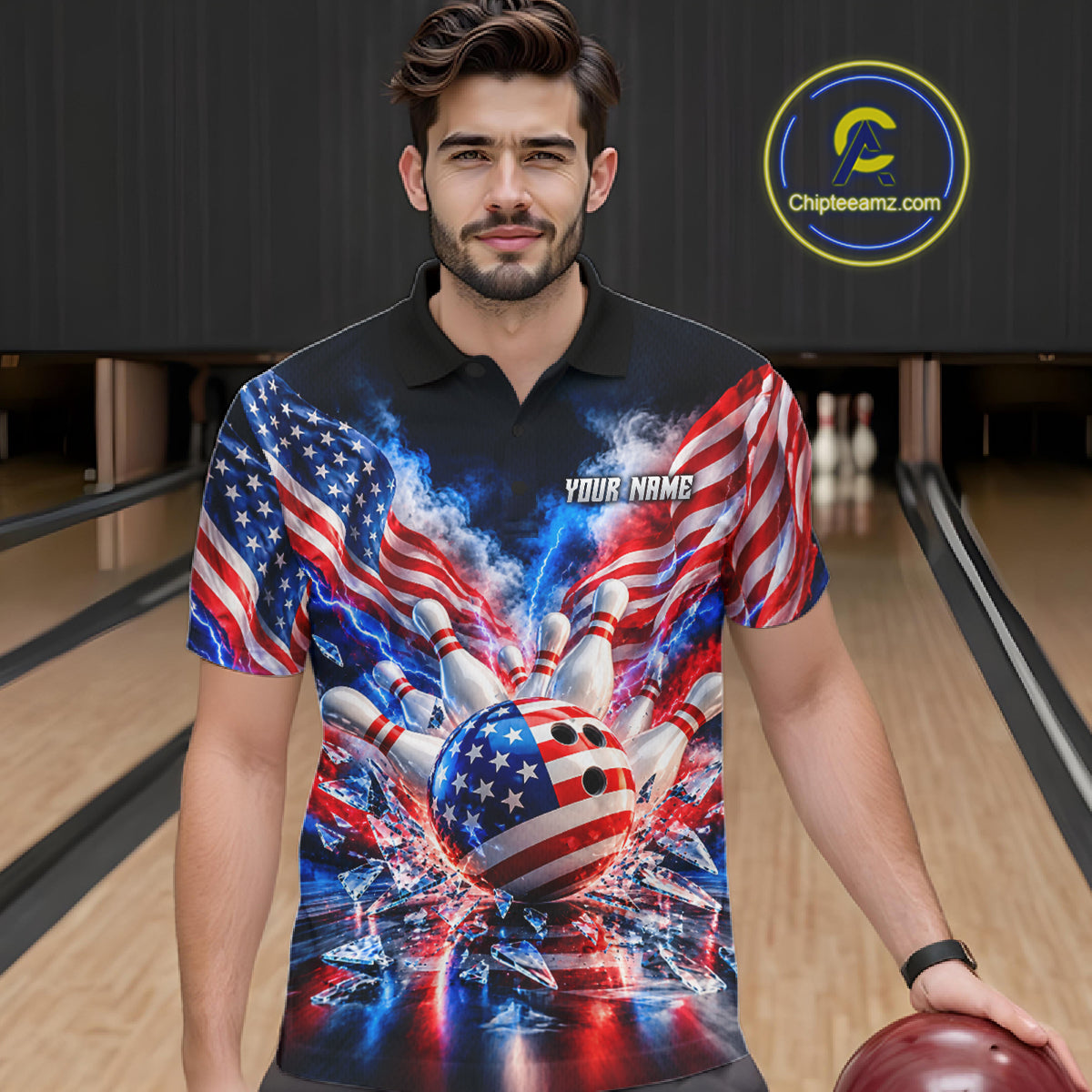 Custom Shattered Glass Smoke American Flag Bowling Jersey For Men, Patriotic Bowling Team Shirts TDM7801