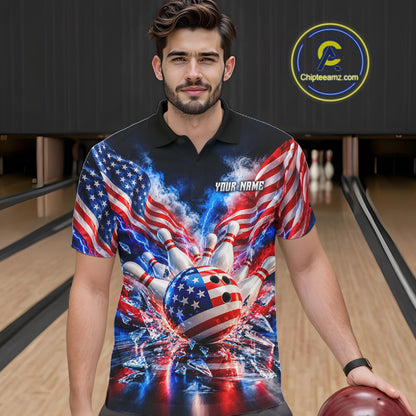 Custom Shattered Glass Smoke American Flag Bowling Jersey For Men, Patriotic Bowling Team Shirts TDM7801