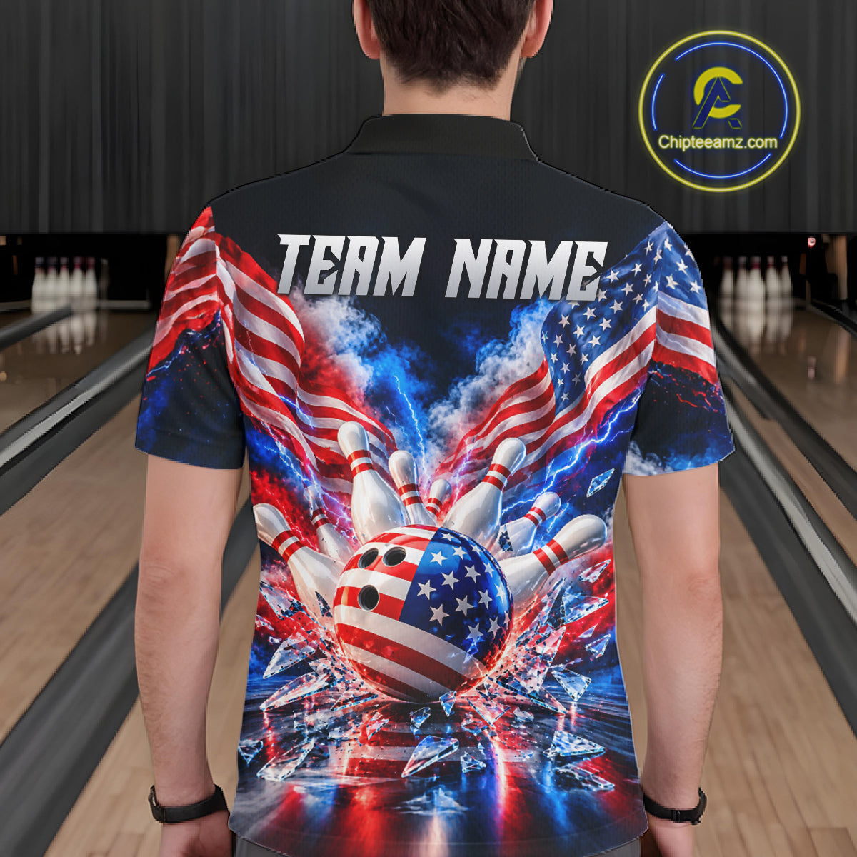 Custom Shattered Glass Smoke American Flag Bowling Jersey For Men, Patriotic Bowling Team Shirts TDM7801