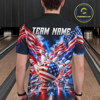 Custom Shattered Glass Smoke American Flag Bowling Jersey For Men, Patriotic Bowling Team Shirts TDM7801