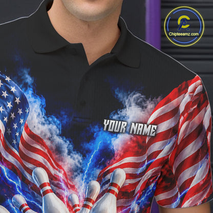 Custom Shattered Glass Smoke American Flag Bowling Jersey For Men, Patriotic Bowling Team Shirts TDM7801