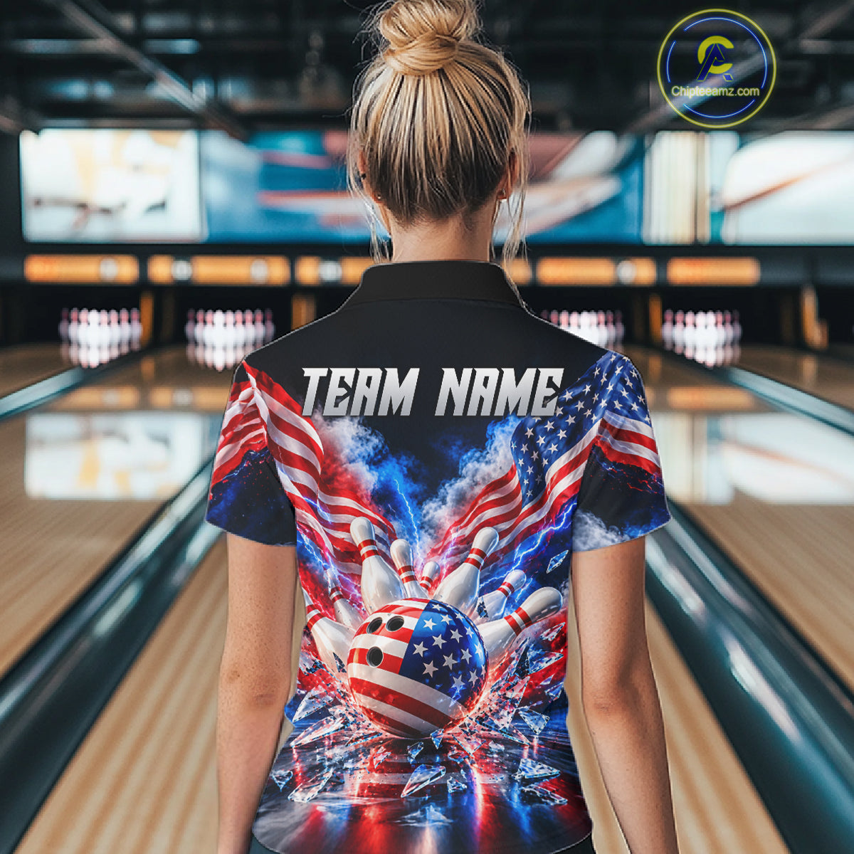 Custom Shattered Glass Smoke American Flag Bowling Jersey For Women, Patriotic Bowling Team Shirts TDM7801