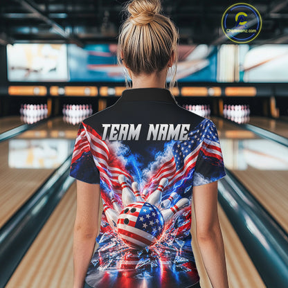 Custom Shattered Glass Smoke American Flag Bowling Jersey For Women, Patriotic Bowling Team Shirts TDM7801