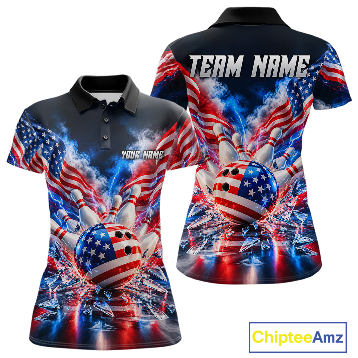 Custom Shattered Glass Smoke American Flag Bowling Jersey For Women, Patriotic Bowling Team Shirts TDM7801