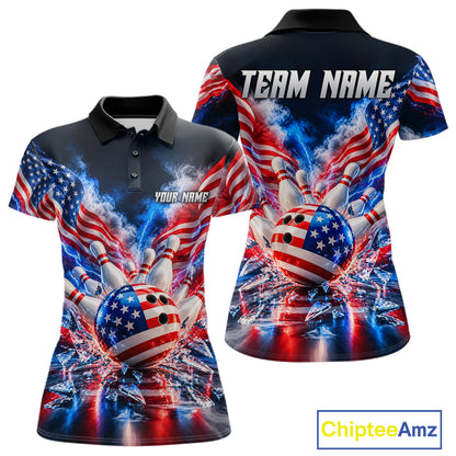 Custom Shattered Glass Smoke American Flag Bowling Jersey For Women, Patriotic Bowling Team Shirts TDM7801