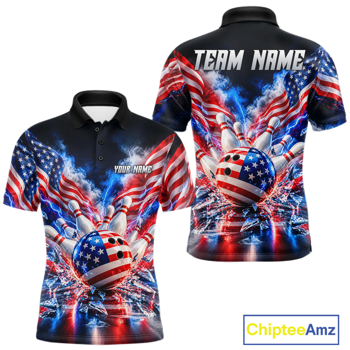 Custom Shattered Glass Smoke American Flag Bowling Jersey For Men, Patriotic Bowling Team Shirts TDM7801