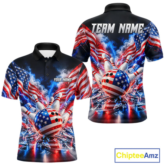 Custom Shattered Glass Smoke American Flag Bowling Jersey For Men, Patriotic Bowling Team Shirts TDM7801