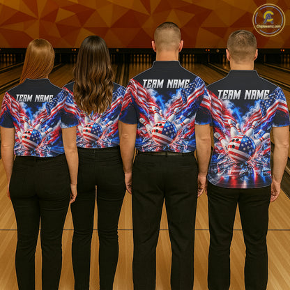 Custom Shattered Glass Smoke American Flag Bowling Jersey For Women, Patriotic Bowling Team Shirts TDM7801