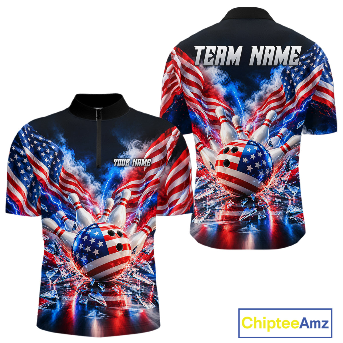 Custom Shattered Glass Smoke American Flag Bowling Jersey For Men, Patriotic Bowling Team Shirts TDM7801