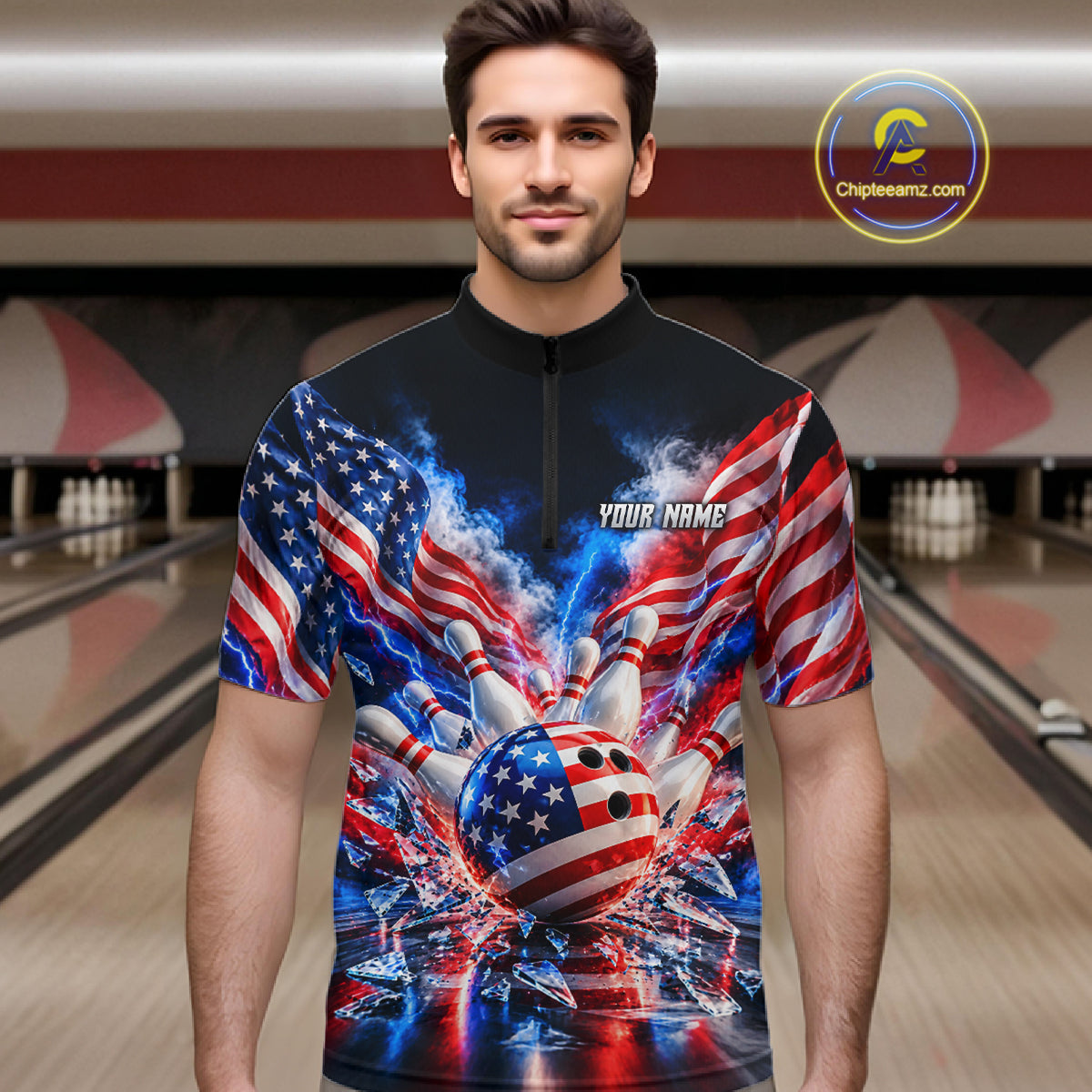 Custom Shattered Glass Smoke American Flag Bowling Jersey For Men, Patriotic Bowling Team Shirts TDM7801