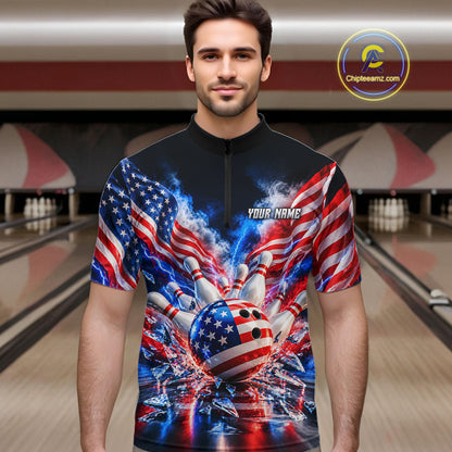 Custom Shattered Glass Smoke American Flag Bowling Jersey For Men, Patriotic Bowling Team Shirts TDM7801