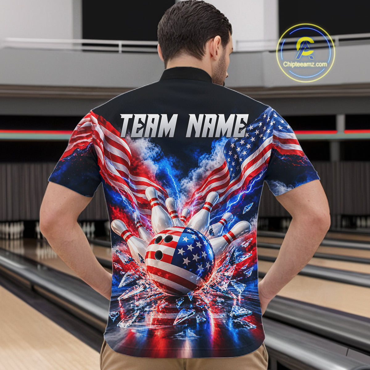 Custom Shattered Glass Smoke American Flag Bowling Jersey For Men, Patriotic Bowling Team Shirts TDM7801