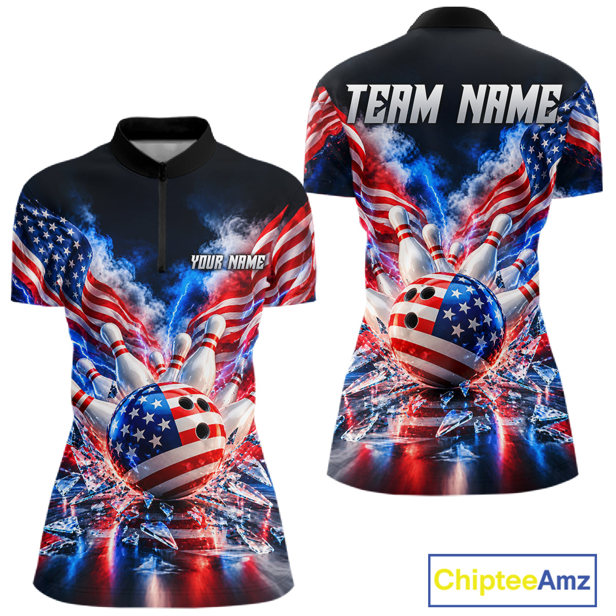 Custom Shattered Glass Smoke American Flag Bowling Jersey For Women, Patriotic Bowling Team Shirts TDM7801