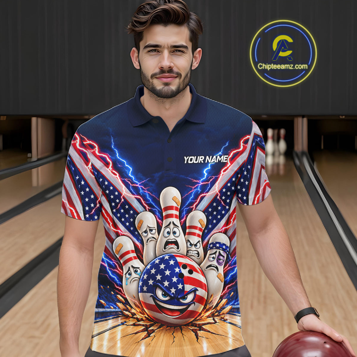 Funny Bowling Pins American Flag Lightning Bowling Shirts For Men Custom Patriotic Bowling Jersey TDM7802