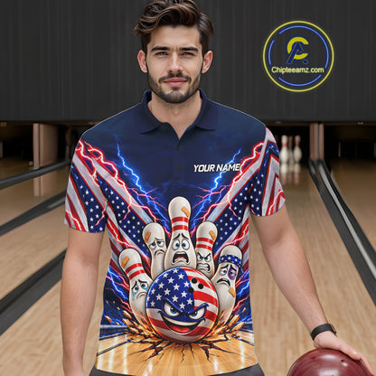 Funny Bowling Pins American Flag Lightning Bowling Shirts For Men Custom Patriotic Bowling Jersey TDM7802